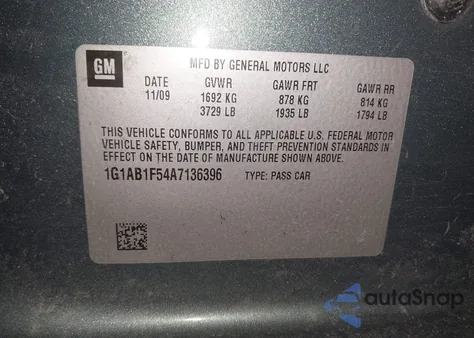 2010 Chevrolet Cobalt Ls из США, поврежденный, VIN 1G1AB1F54A7136396